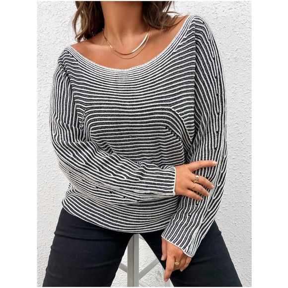 Plus Striped Off Shoulder Sweater Top - Picture 2 of 4